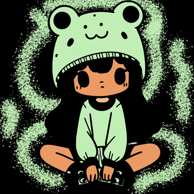a girl wearing a frog hat and some frog socks