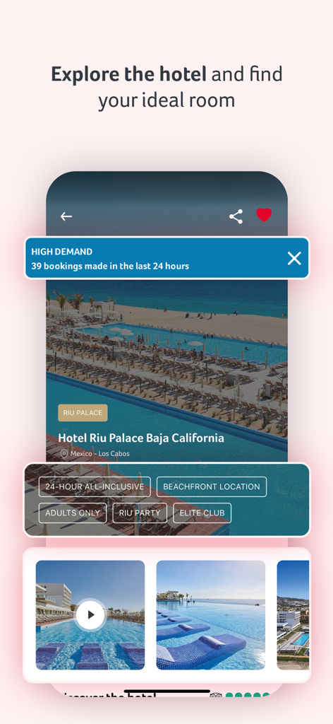 Tela do aplicativo RIU Hotels mostrando detalhes do hotel Riu Palace Baja California no México.