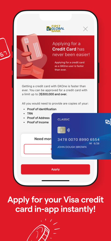 GK One - Pantalla de la aplicación móvil GK One para la solicitud de tarjeta de crédito Visa de First Global Bank con detalles y requisitos de la tarjeta