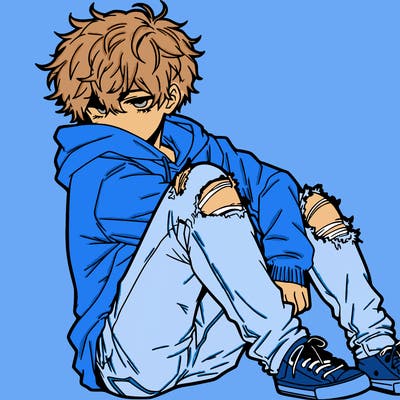 a male hoddie ripped jeans messy hair anime