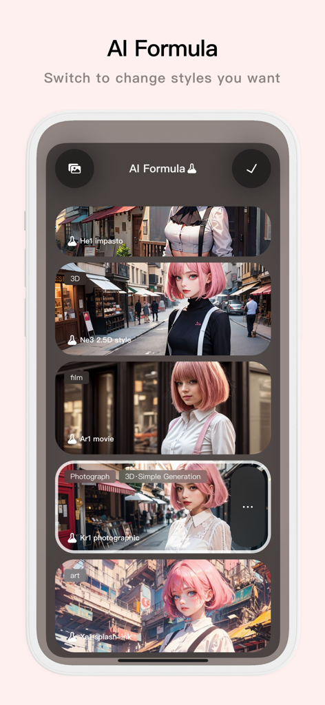 Pofi AI - 3D AIGC Tool - Pofi AI interface showing various AI style formulas for character generation