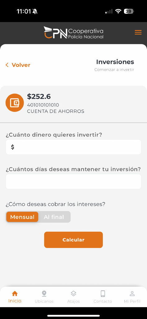 CPN Móvil - Investment calculation screen in the CPN Movil mobile banking app