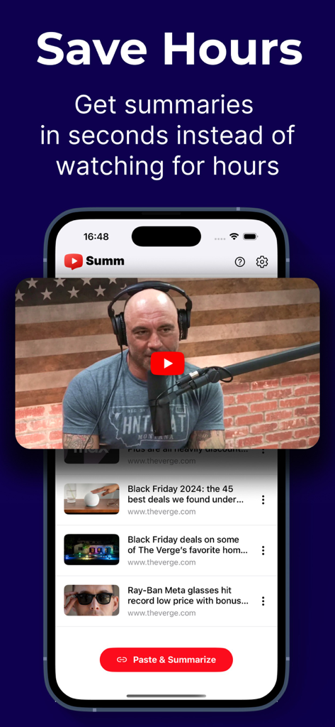 AI Summary for Youtube Video - AI Summary app showing video and text summaries with the tagline Save Hours.
