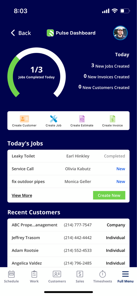 FieldPulse mobile app dashboard showing jobs completed stats and customer lists