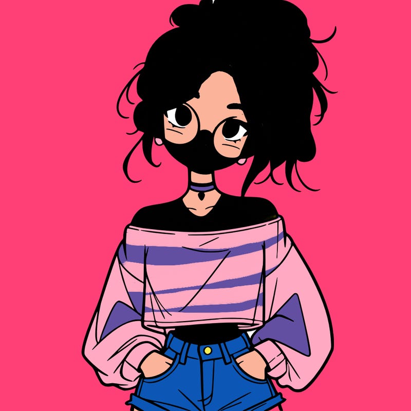 girl with a messy ponytail glasses a baggy crop top and jean shorts