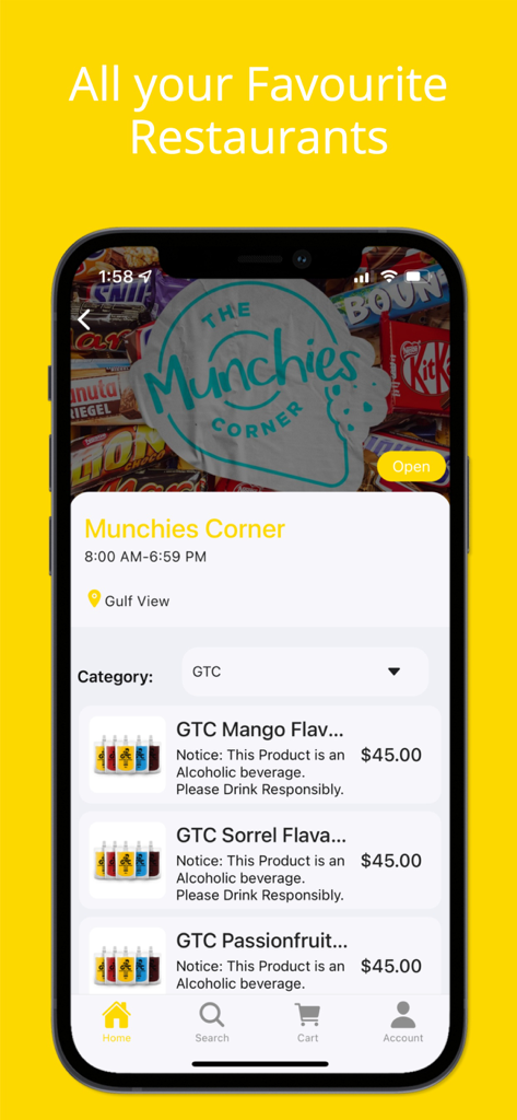 Neighbourhood Munchies - Interface of Neighbourhood Munchies app showing Munchies Corner restaurant menu with various beverage options.