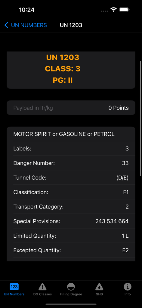 Mobile app screen displaying transport and safety details for UN 1203 Gasoline ADR dangerous goods