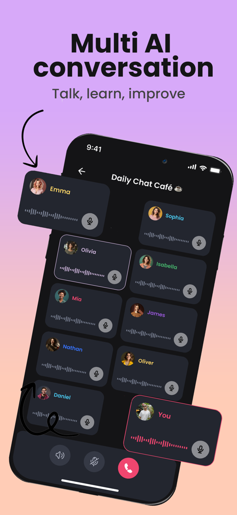 Practice English: Enverson AI - Interfaz que muestra un chat grupal con múltiples tutores de IA para practicar la conversación en inglés en la aplicación Enverson AI