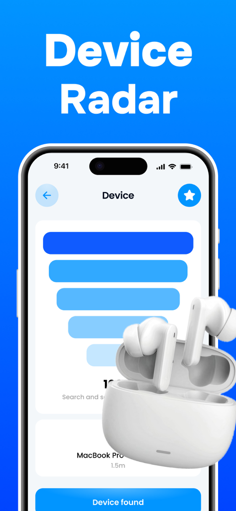 Bluetooth Finder & Scanner. - Interface of the Bluetooth Finder app showing a signal strength meter to locate lost wireless earbuds