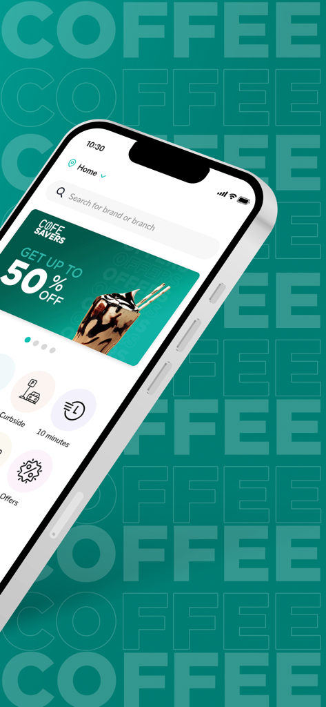 Una pantalla de móvil que muestra la interfaz de la aplicación COFE con un banner de descuento del 50 por ciento e iconos de servicio para recogida en la acera y recogida en tienda