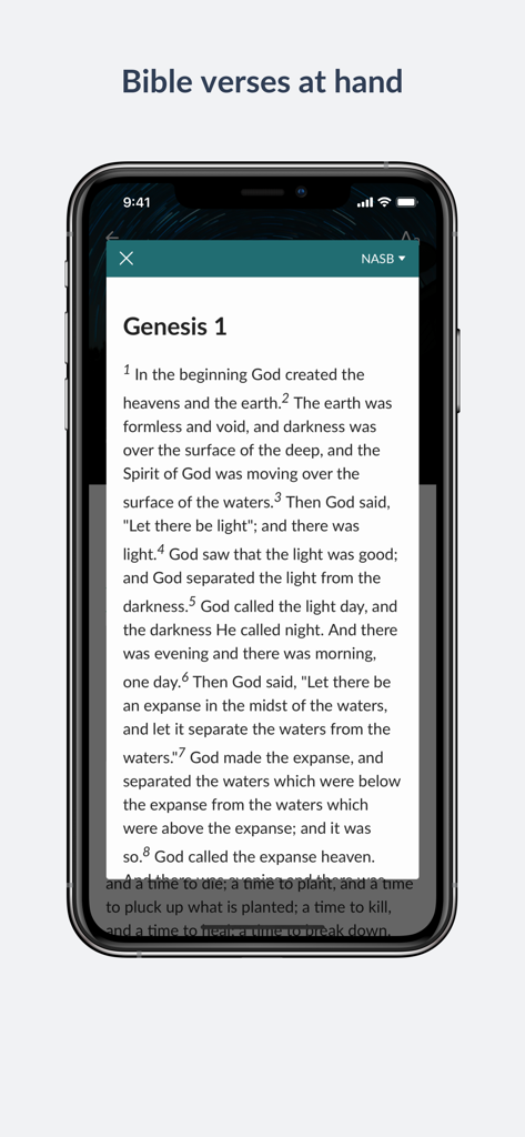 A smartphone displaying Genesis chapter one from the Bible within the Sabbath School app.
