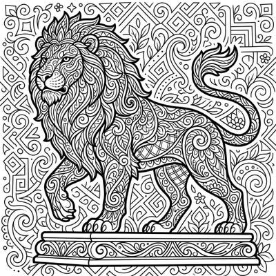 Immerse yourself in the grandeur of this detailed lion sculpture coloring page. Its ornate design and rich patterns promise a captivating artistic journey for colorists of all levels.