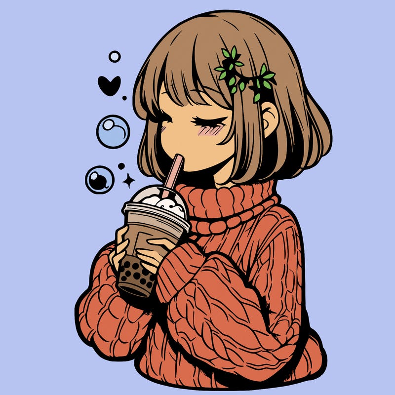 manga girl drinking boba in cozy sweater