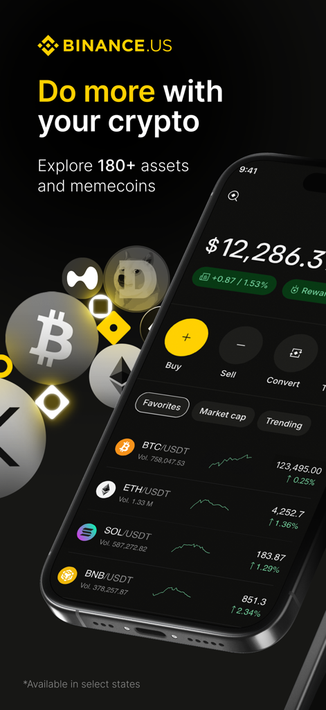 Binance.US: Buy Bitcoin & ETH - Binance US Mobile App-Oberfläche, die Kryptowährungspreise und Handelsoptionen anzeigt