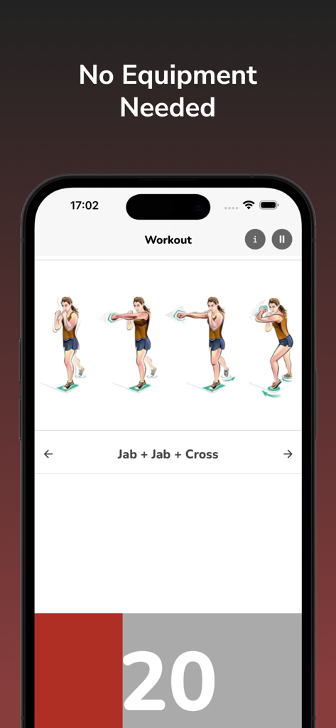 Train Like a Boxer - Un'interfaccia di app mobile che mostra un tutorial di combinazioni di pugilato per jab e cross con illustrazioni e un timer di allenamento