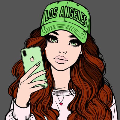realistic beautiful girl wearing los ángeles cap holding an iphone