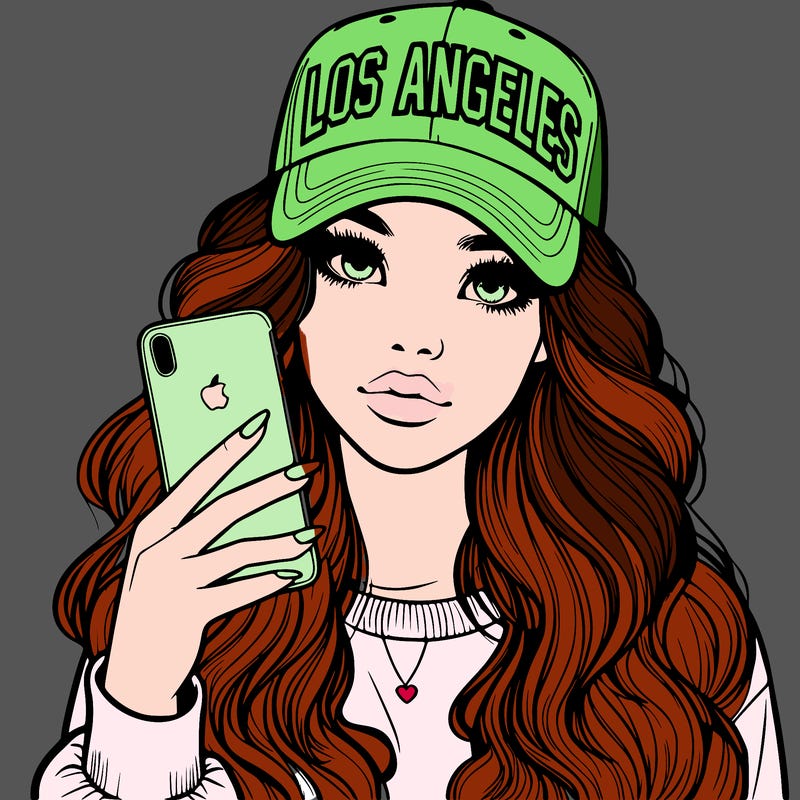realistic beautiful girl wearing los ángeles cap holding an iphone