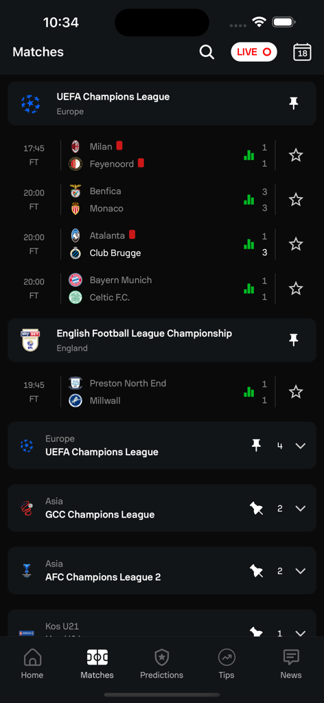 Spotip - Predictions & Scores - Spotip app interface displaying live football matches and scores for international leagues