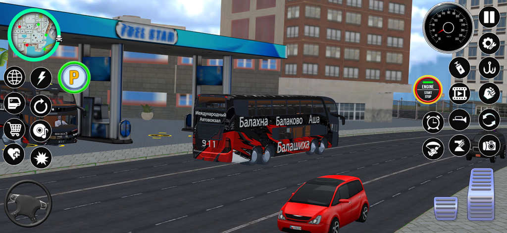 City Bus Simulator 3D Stunt - A gameplay screenshot of City Bus Simulator 3D Stunt showing a customized black and red bus driving on a city street near a gas station