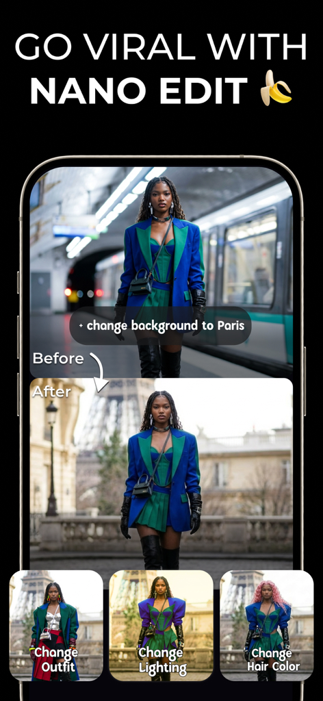 ImaginAI - AI Art & Video - ImaginAI 앱이 지하철 배경을 파리의 에펠탑으로 바꾸는 사진을 보여주고 옷, 조명, 머리색 변경 옵션도 제공하는 모바일 인터페이스.
