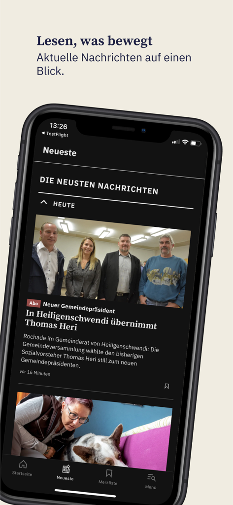 BZ Berner Zeitung News - Smartphone displaying the latest news feed of the BZ Berner Zeitung news app.