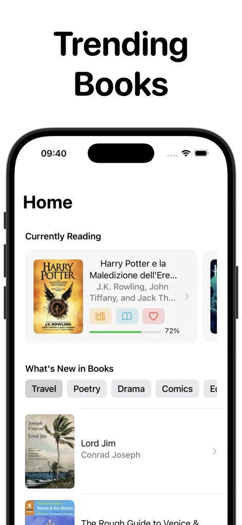 Bookshelf - Vox - Bookshelf Vox mobile app home screen showing reading progress for Harry Potter and a list of new books by category