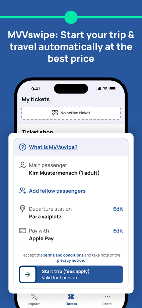 MVGO! - MVGO App-Oberfläche, die die MVVswipe-Funktion für automatische Nahverkehrstarife und Apple Pay-Integration in München zeigt