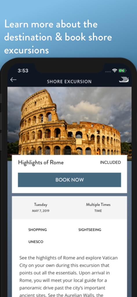 Viking Voyager app screen showing a shore excursion booking for the Highlights of Rome with a picture of the Colosseum.