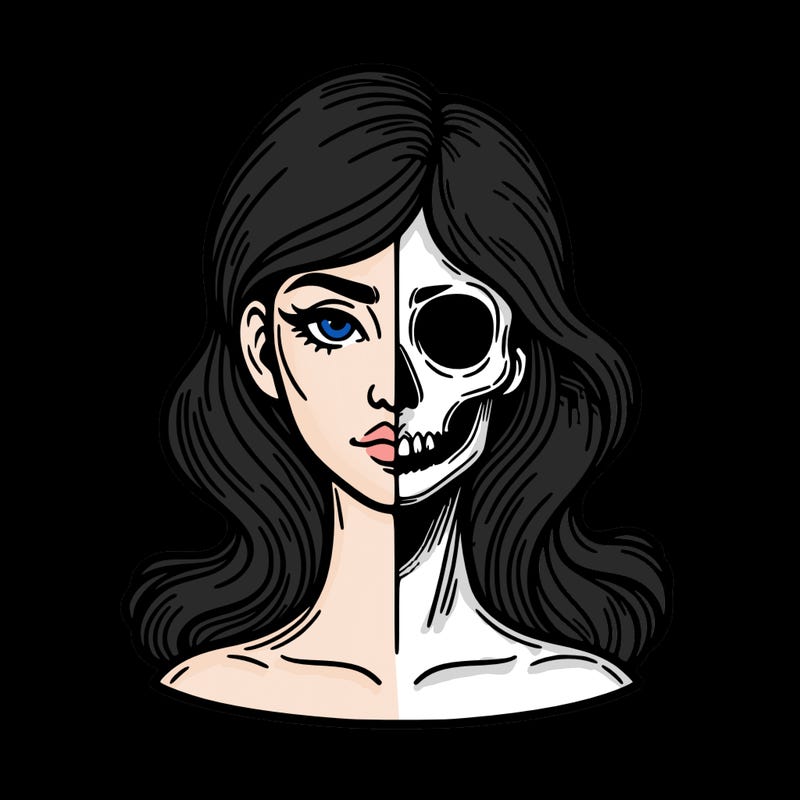 bust of a woman, half face and hair, half skull