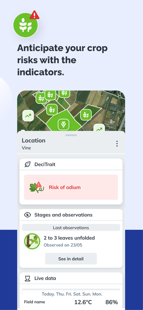 Interface de l'application mobile Sencrop montrant les indicateurs de risque des cultures et une carte des champs agricoles avec des alertes de maladies