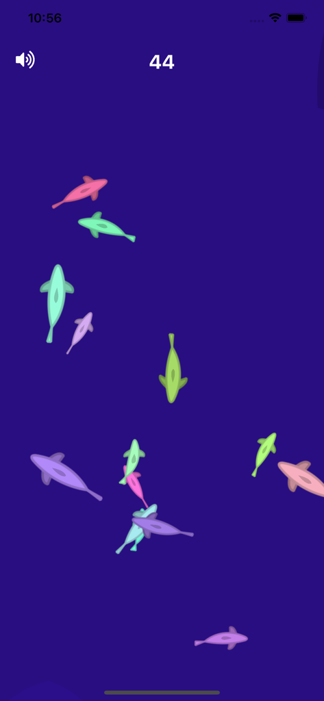 Screenshot di gameplay di Fish in a Watch che mostra vari pesci colorati che nuotano in un oceano blu profondo.