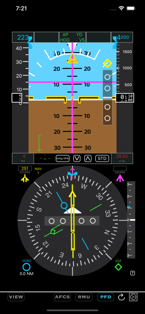 HomeSim - HomeSim Primary Flight Display interface showing artificial horizon, altitude, and airspeed for flight simulation.