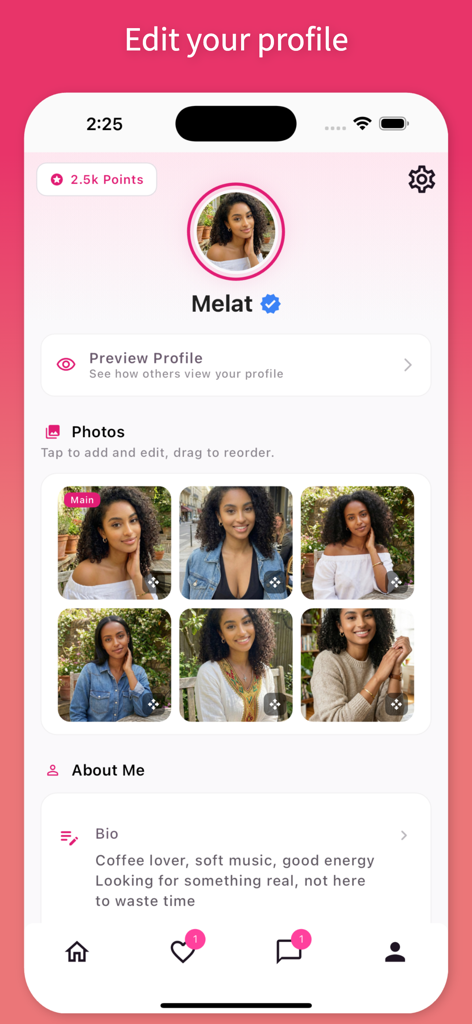 Gojo Ethiopian Dating App - Gojo Ethiopian dating app profile editing screen showing a verified user with photos and a personal bio
