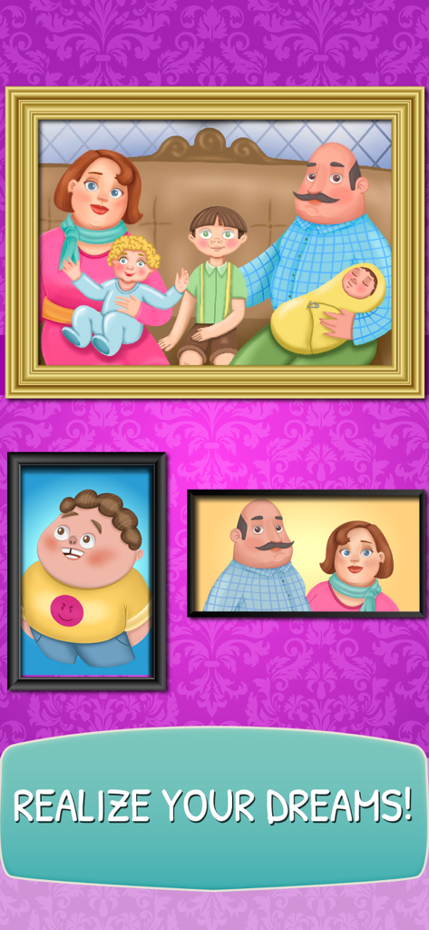 Life Choices 2: Life Simulator - Cartoon family photos in frames on a purple patterned wall with the text Realize Your Dreams
