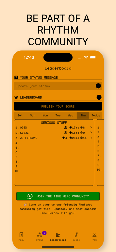 Time Hero app leaderboard screen showing top player scores and a link to join the rhythm community