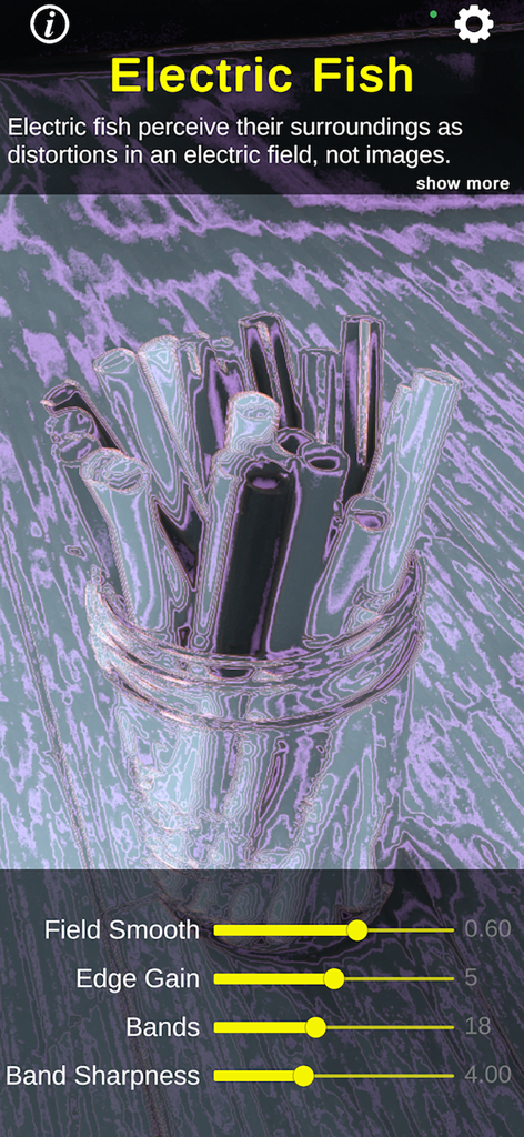 보라색 왜곡 시각 효과와 필드 스무딩 및 엣지 게인 조정 슬라이더가 있는 CreatureVision 앱의 전기어 필터를 보여주는 스크린샷