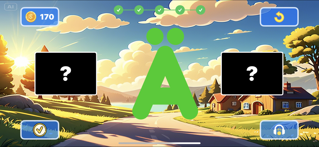 Swedish Letter Tracing - Pantalla de juego educativo que muestra la letra sueca Ä en un paisaje soleado para niños