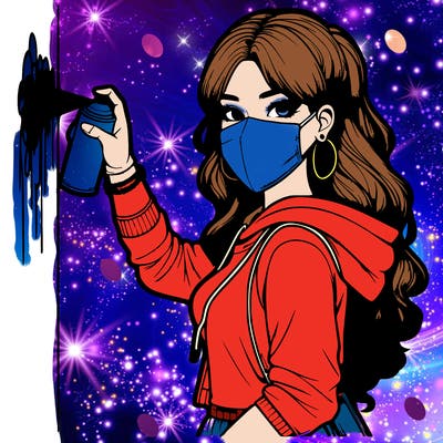 realistic girl with mask spray painting a wall