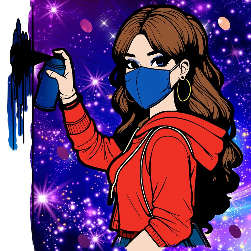 realistic girl with mask spray painting a wall
