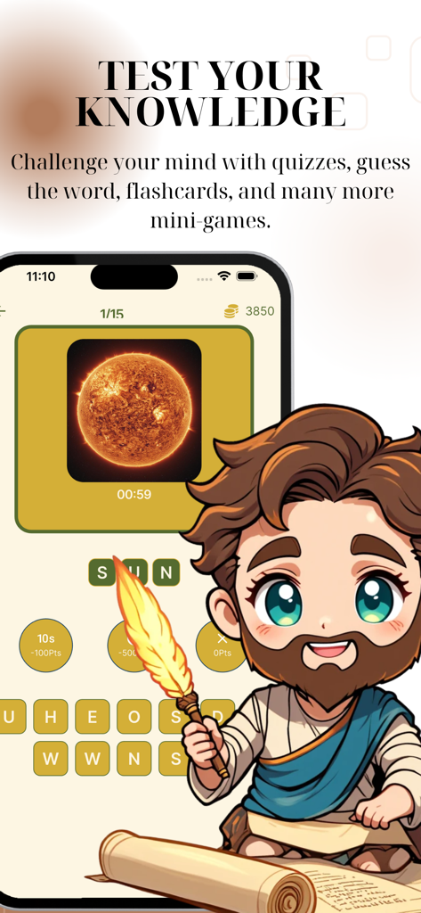 Bible Quest: Christian Trivia - Screenshot of Bible Quest mobile app showing a Christian word puzzle game and a friendly cartoon biblical character