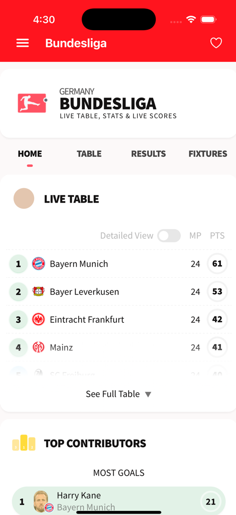 Roja Directa TV - Interfaz de la aplicación Roja Directa TV que muestra la tabla en vivo de la Bundesliga alemana y los máximos goleadores