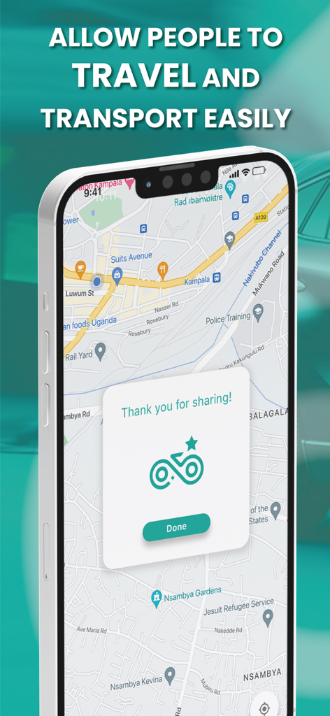 Ride Now - Uganda - Ride Now Uganda app interface showing a map of Kampala and a thank you for sharing confirmation message
