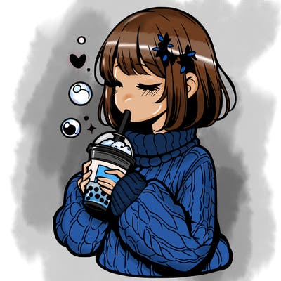 manga girl drinking boba in cozy sweater