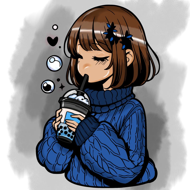 manga girl drinking boba in cozy sweater