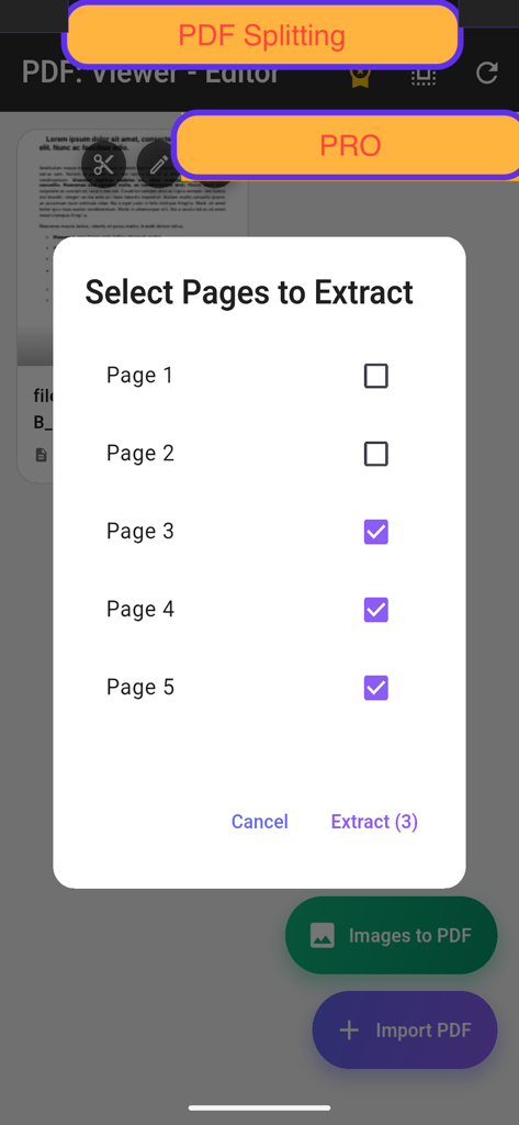 PDF: Viewer - Editor - PDFドキュメントから特定のページを選択して抽出するためのモバイルインターフェイス。