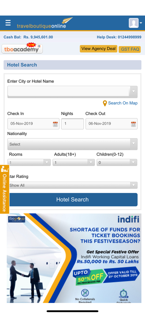 Travel Boutique Online - Hotel search interface for travel agents on the Travel Boutique Online mobile application