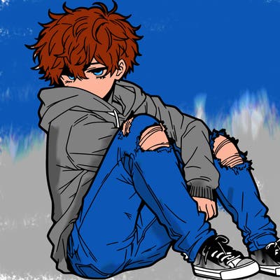 a male hoddie ripped jeans messy hair anime