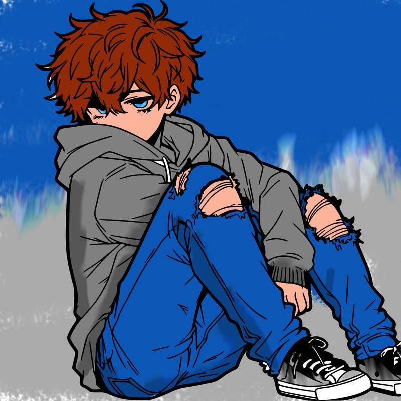a male hoddie ripped jeans messy hair anime
