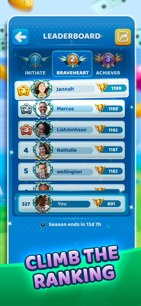 Dominoes Battle: The Best Game - Dominoes Battle leaderboard screen showing competitive player rankings and trophy counts