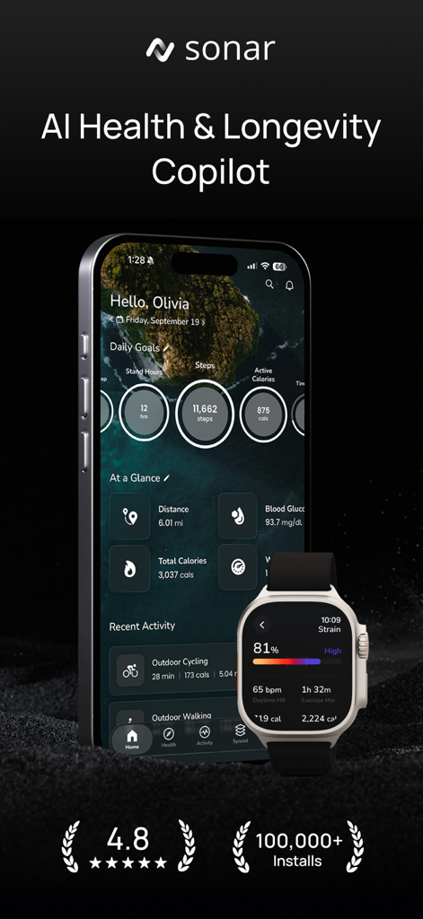 Sonar - Health & Performance - Sonar health and performance app dashboard on iPhone and Apple Watch showing daily health goals and vitals